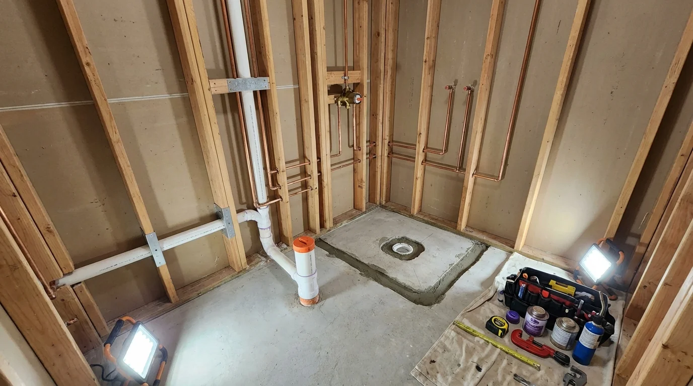 Bathroom rough-in plumbing during remodel by Johns Plumbing LLC in Houston