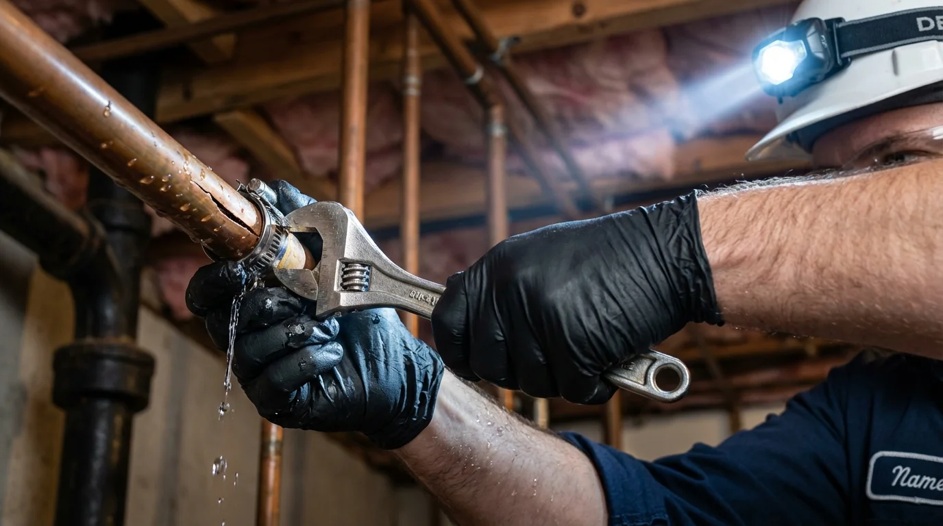 Emergency pipe clamp repair being performed by a Johns Plumbing LLC plumber in Houston