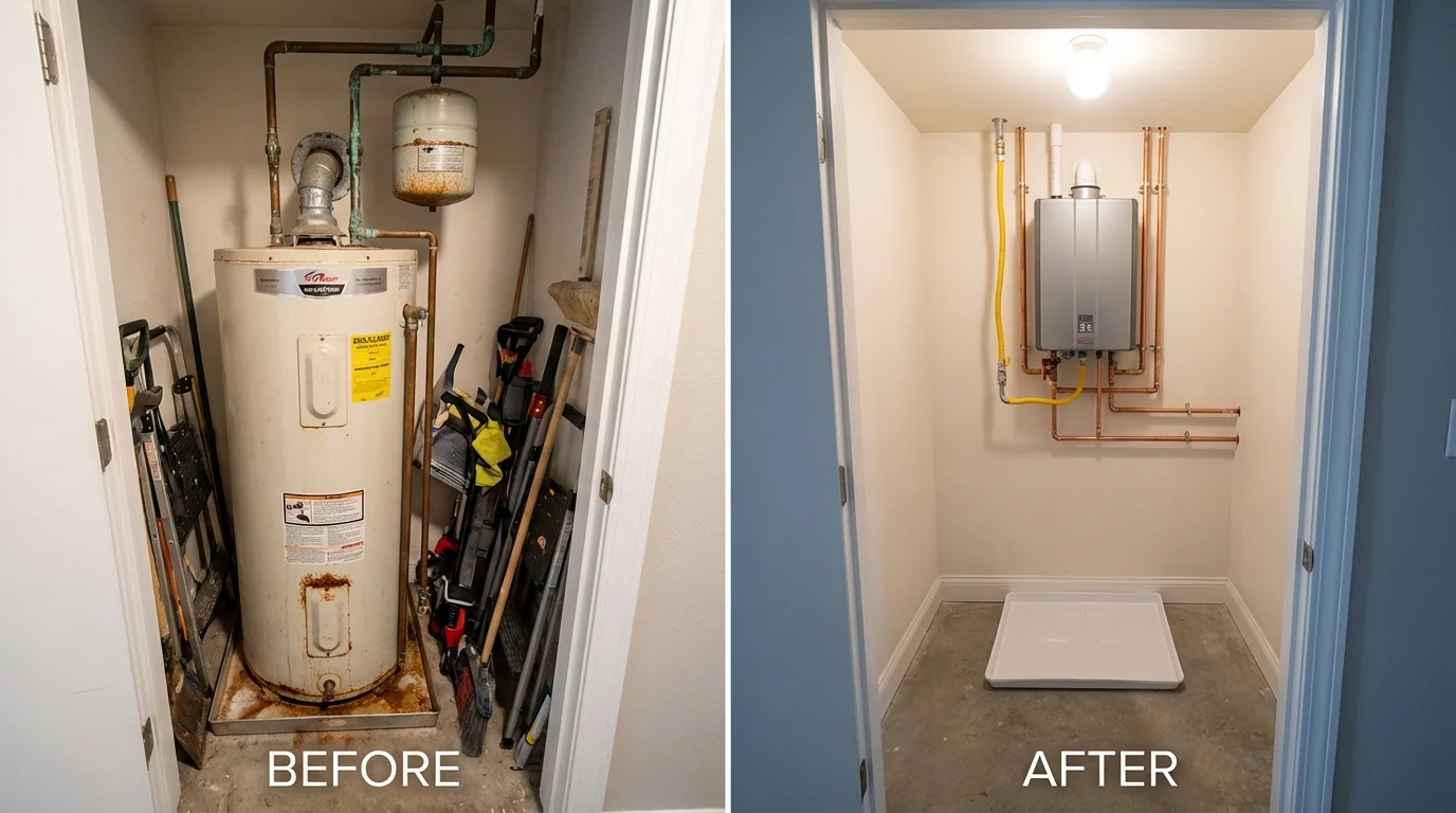 Tank water heater versus wall-mounted tankless unit comparison for Houston, TX homeowners