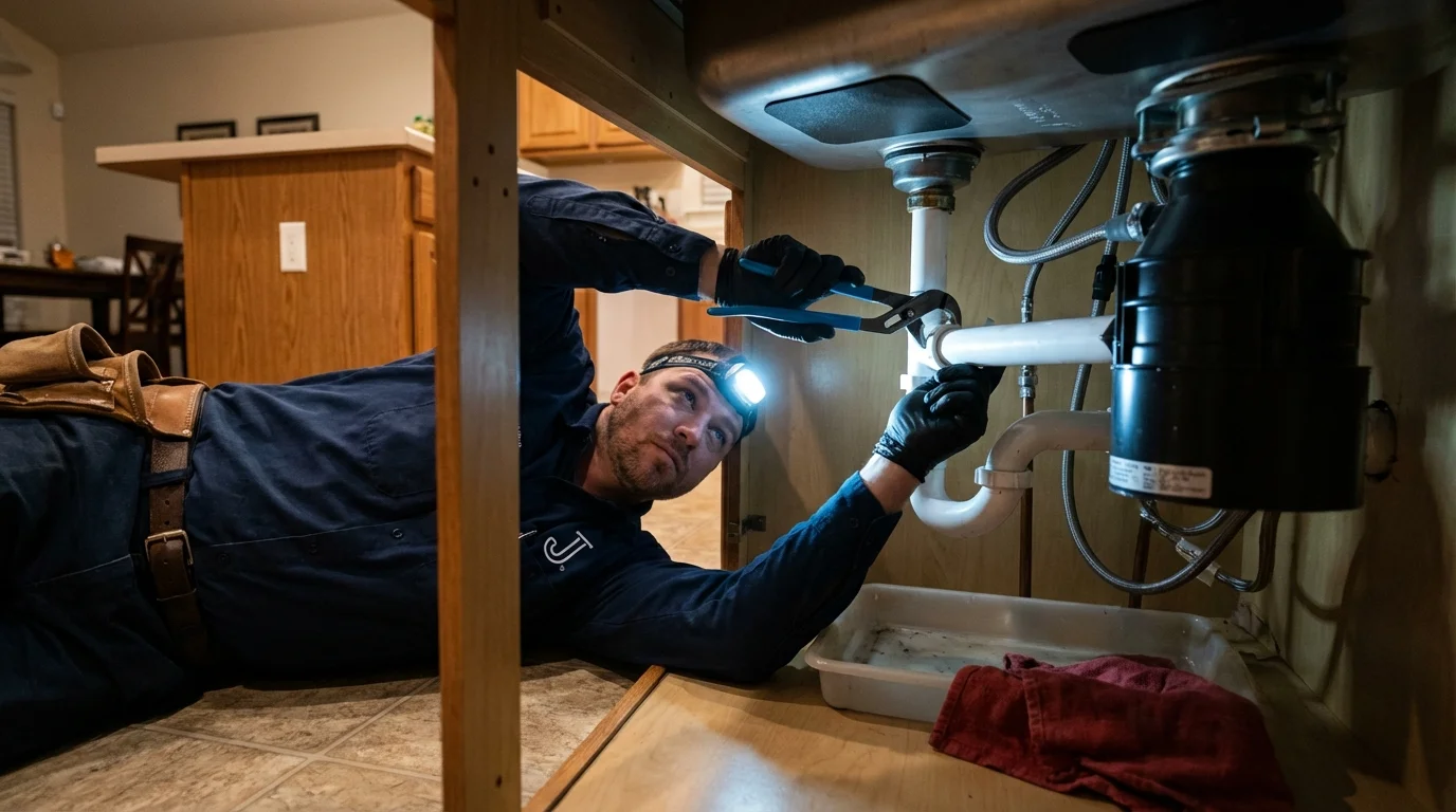 P-trap and supply line connections under a kitchen sink showing a common leak point in Houston, TX